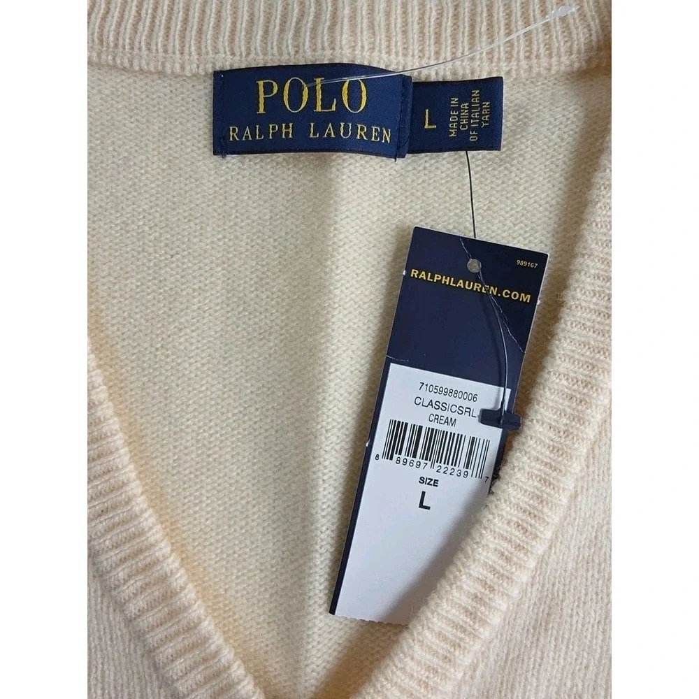 POLO RALPH LAUREN MEN'S LARGE V NECK SWEATER‎ CREAM WOOL, LOGO, NWT